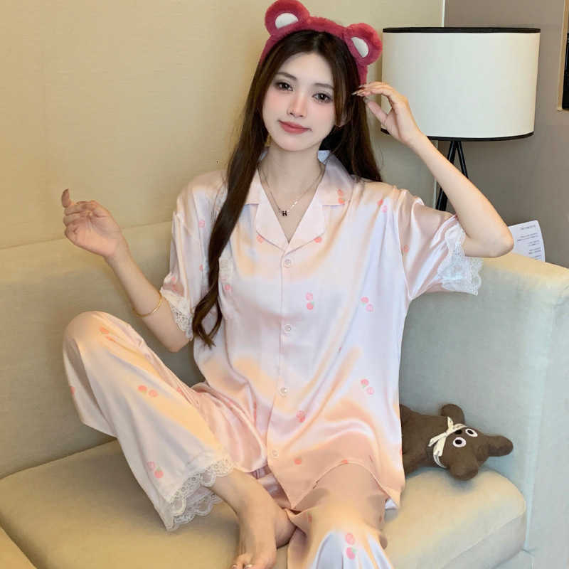 Nightgown Silk Sweet Set Ice for Girls Short-Sleeve Top Long Pants Summer Lightweight Lace Trim Fashion Homewear Set M260625