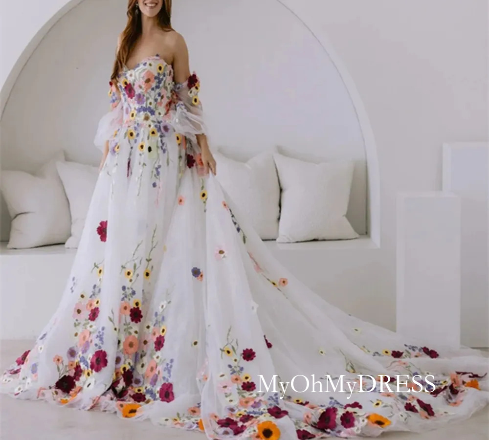 Fantasy Colorful Flower Wedding Dresses Boho Fairytale A Line 3D Floral Appliques Rustic Country Bridal Gowns Detachable Sleeves Ivory Tulle Bride D