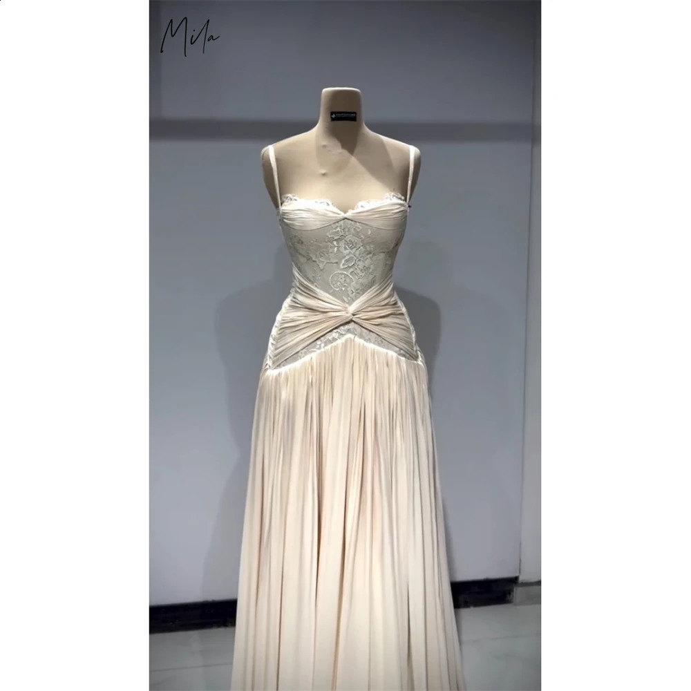 Mila Customized White Pleated Aline Lace Prom Dresses Spaghetti Strap Sleeveless Vestidos De Noche FloorLength Formal Evening 260625