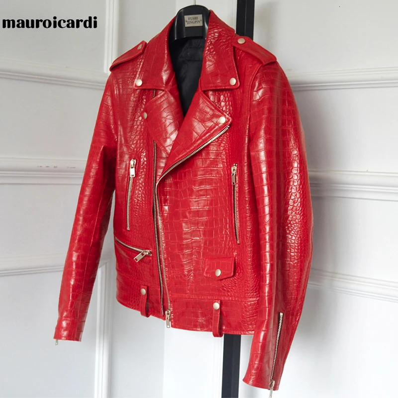 Mauroicardi Spring Red Crocodile Pattern Faux Leather Biker Jacket Long Sleeve Zipper Plus Size Men Clothing 4xl 5xl 260624