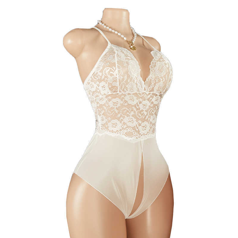 Perspective White Lace Bodysuit Deep V-Neck Sexy Lingerie For Women Open Crotch Sex Underwear Porn Babydoll Dress Erotic Costume D260625