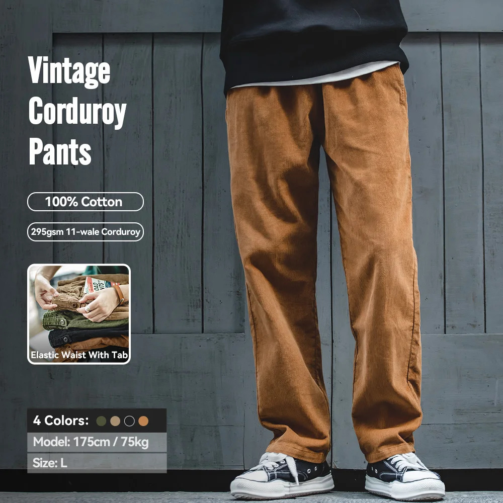 Maden Vintage Solid Color Corduroy Pants Straight Loose Casual Trousers with Elastic Waist and Pockets for Mens Autumn Winter 260624