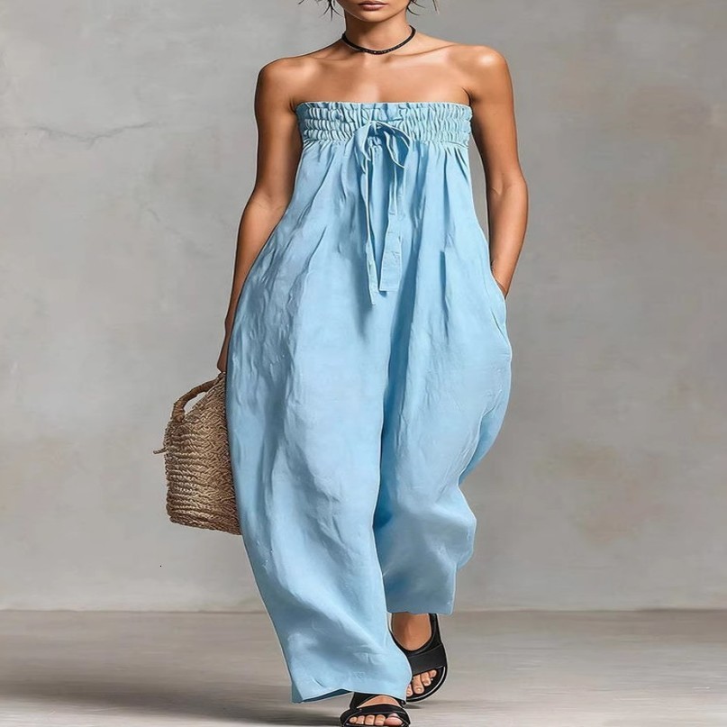 Solid Women Jumpsuits For Spring Summer Sleeveless Slash Neck Loose Fashion Streetwear Overalls Wide Leg Pants Trousers 2026 260623