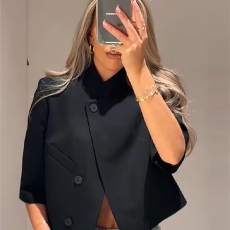 Elegant Womens Cropped Suit Jackets Asymmetric Stand Collar One Button Short Sleeve Blazer 2026 Spring Summer Lady Outwear 260615