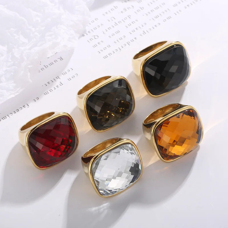 Crystal Glass Stainless Steel Ring 14k Gold Plated Fashion Exaggerated Cubic Zirconia Rings Stunning Large Rhinestone Bands 260624