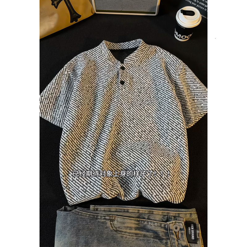 2026 Summer New American Style Trendy Brand Plus Size Men's Stand Short Sleeve T-Shirt With Henley Collar And Two Buttons