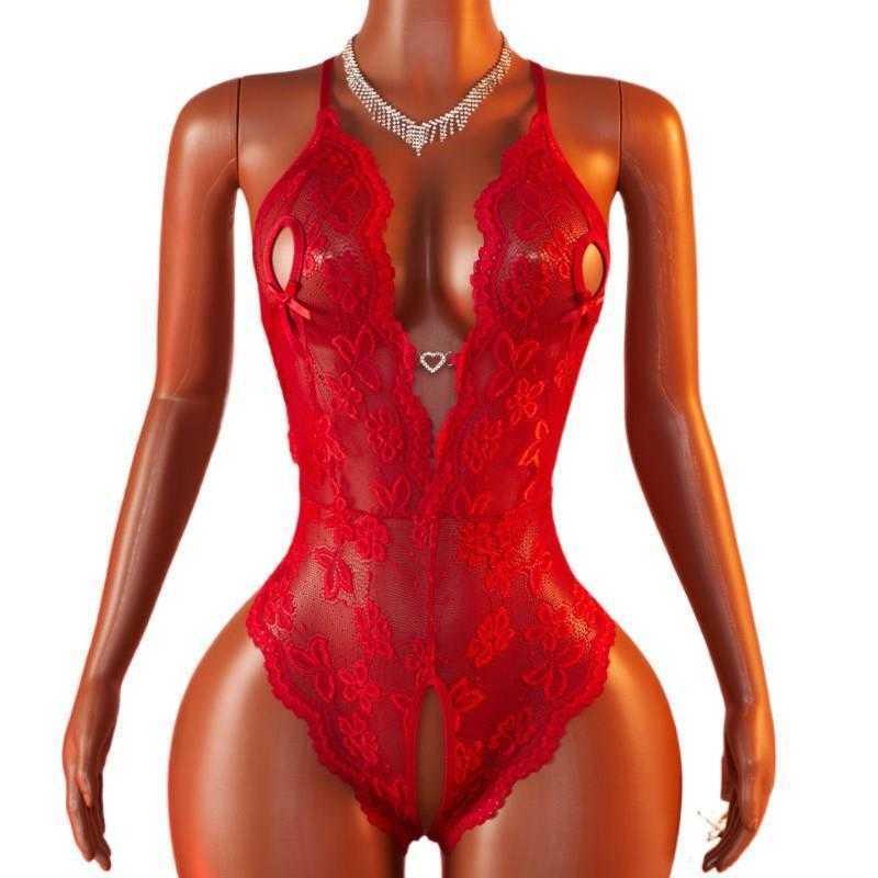 Sexy Summer Womens Lace Crotchless Bodysuit Transparent Porn Deep V Backless Pajamas Open Bra Lingerie Set Exotic Clothing D260625