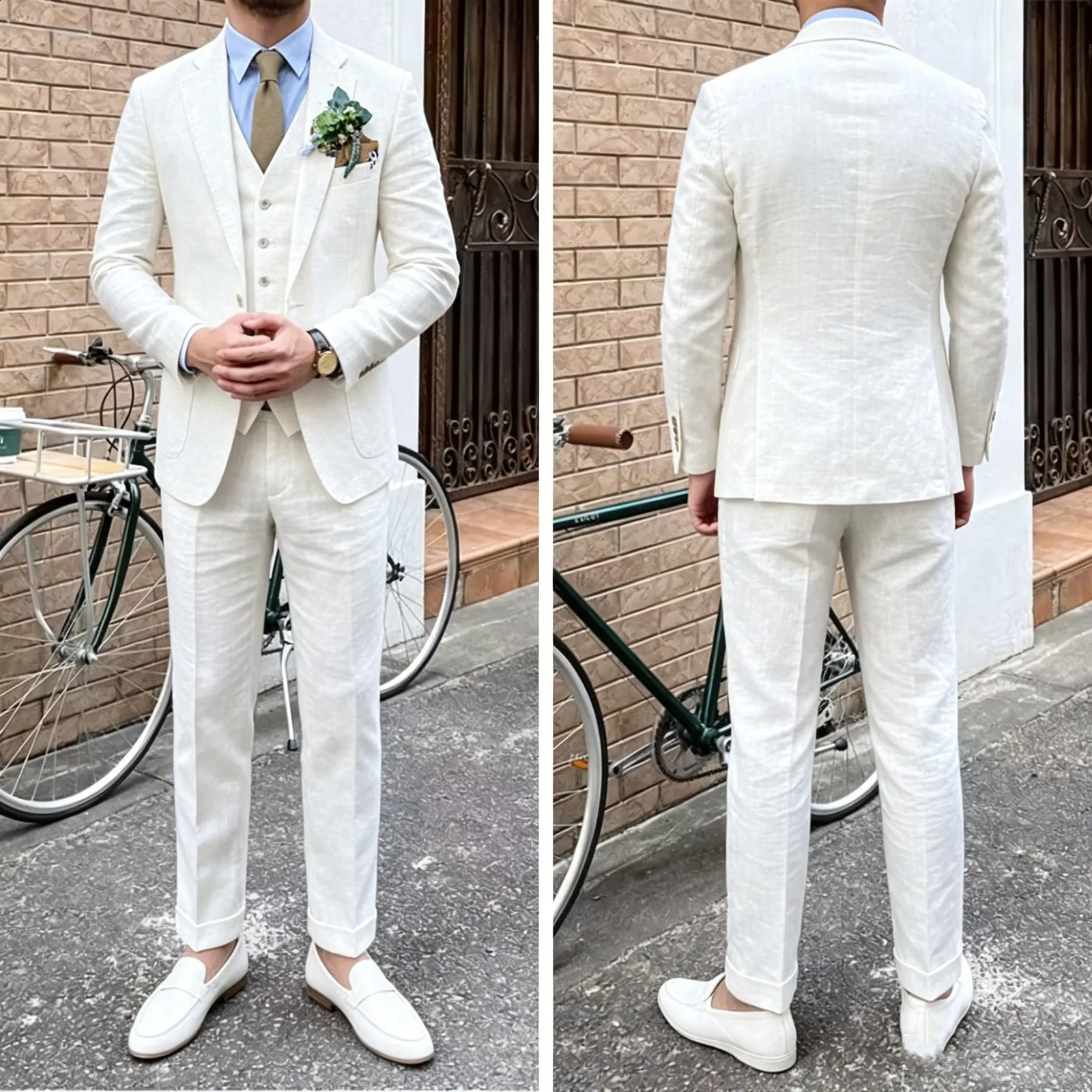 Summer Linen Mens Suit 3 Piece jacketvestpantsBeach Wedding Party Italian Blazer Groom Tuxedos Formal Prom Classic Suits 260624BJ