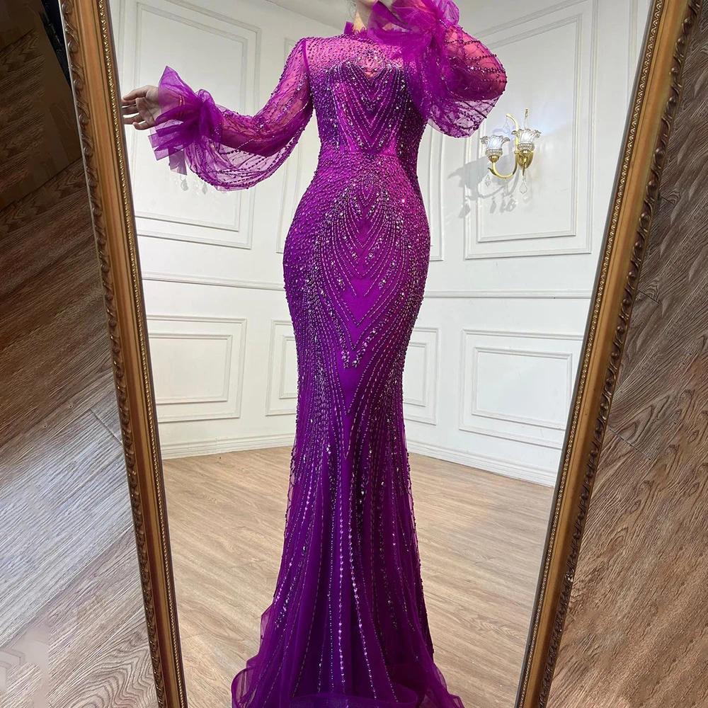 Purple Mermaid Elegant High Neck Evening Dresses Gowns Sleeves Beading For Party gowns Custom made color/size Robe De Soiree