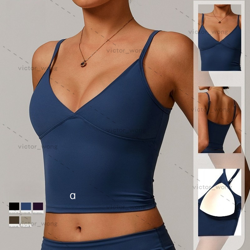 A8998 Women Thin Strap V Neck Yoga Crop Tank Top Removable Pads Soft Stretch Sports Bra Slim Fit Workout Running Fitness Camisole