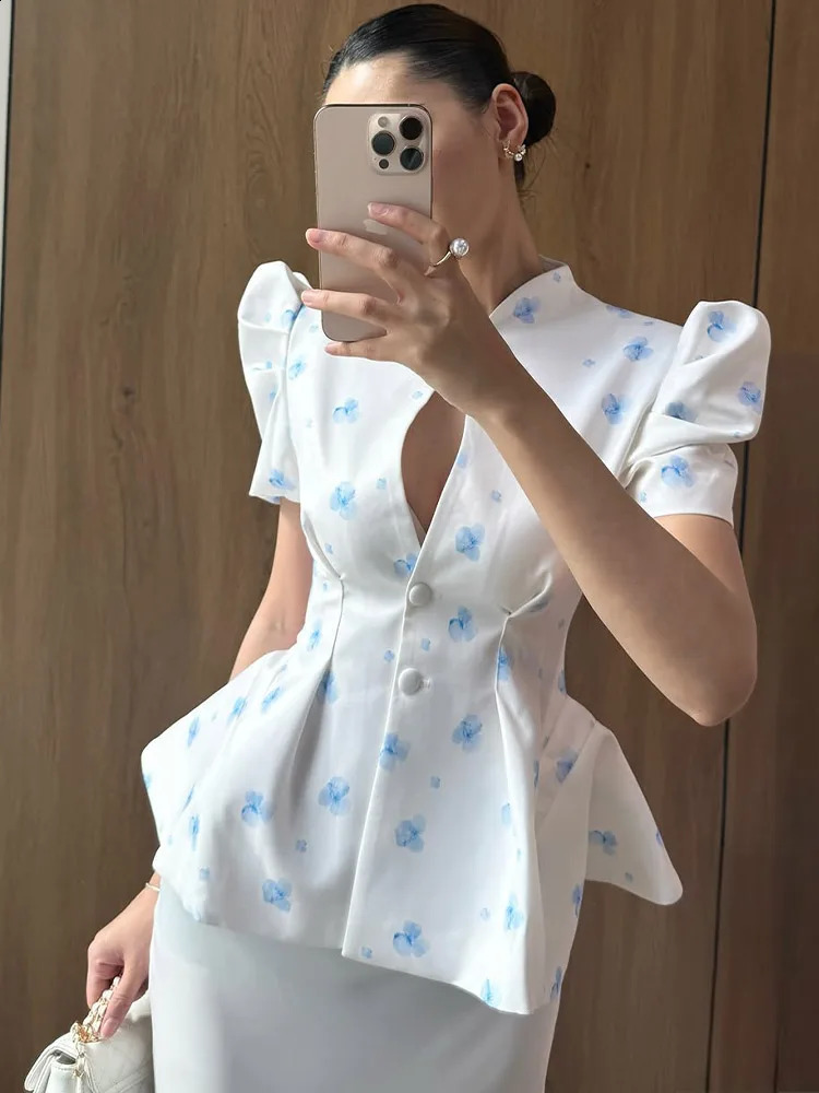 Elegant Floral Printed Womens Blazer Stand Neck Short Puff Sleeve Waist Cinching Slim Tops 2026 Lady Casual Summer Jackets 260625