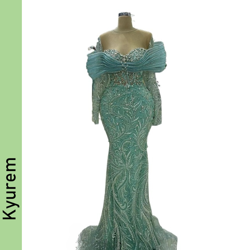 Sheer Neck Green Evening Dresses with Detachable Train Long Sleeves Formal Occasion Dresses Mermaid Vestidos De Fiesta Robe De Soiree