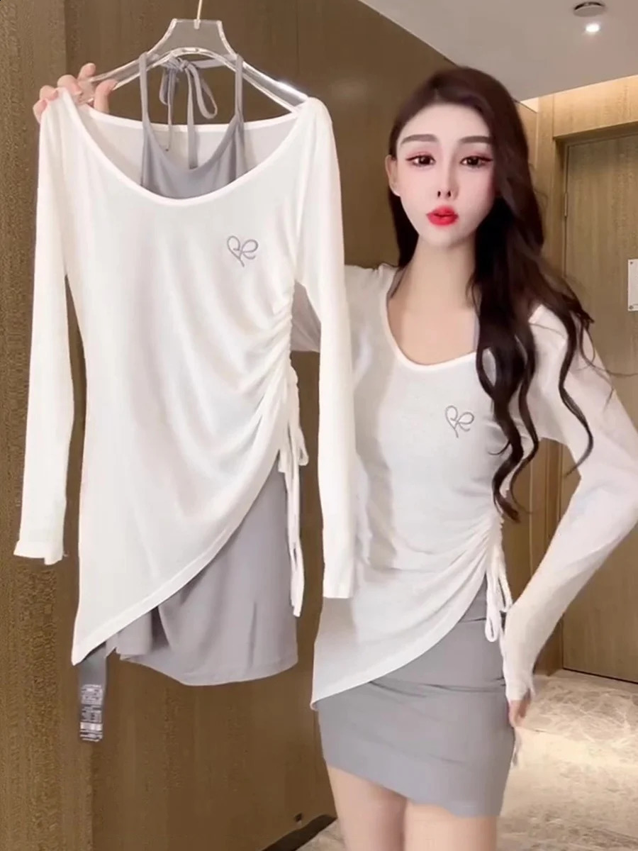 Spring 2025 Pure Desire Girl Neck Hanging Dress Irregular Long Sleeve Womens TwoPiece Set Fashionable Casual Outfit 260623