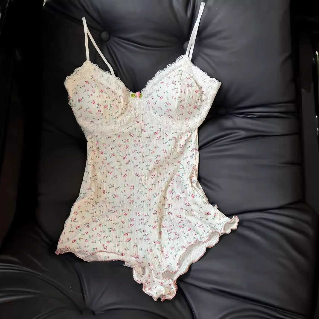Floral Summer Sexy Onesies Women Print Bodysuit Lace Trim Sleeveless Slim Fit Jumpsuit Romper Underwear Nightwear Lingerie M260625
