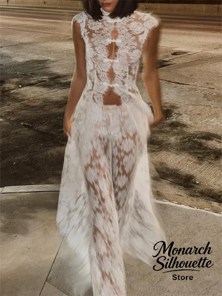 White Lace Embroidery Pant Suit Women Stand Neck Sleeveless Hollow-out Waist Cinching See Through Set Lady Summer Sheer Outfit 260624