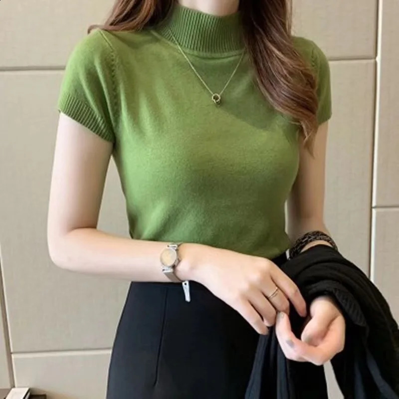 Half-High Neck T-Shirt Womens Fashion Jumper Casual Tops Korean Style Elegant Solid-Coloured Clothing Spring And Summer Season 260625