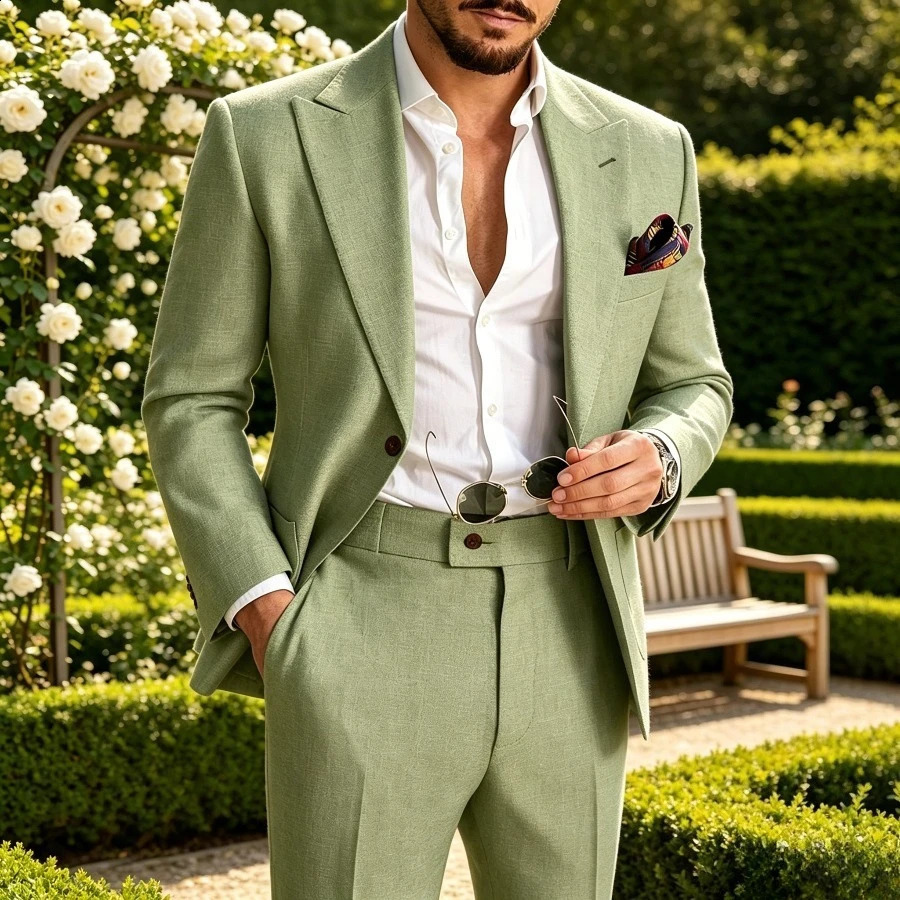 Sage Green Linen Men Suit 2 Piece Set Beach Wedding Lightweight Summer Casual Groom Suits Outdoor Mens Fashion Suit 2026 260624BJ