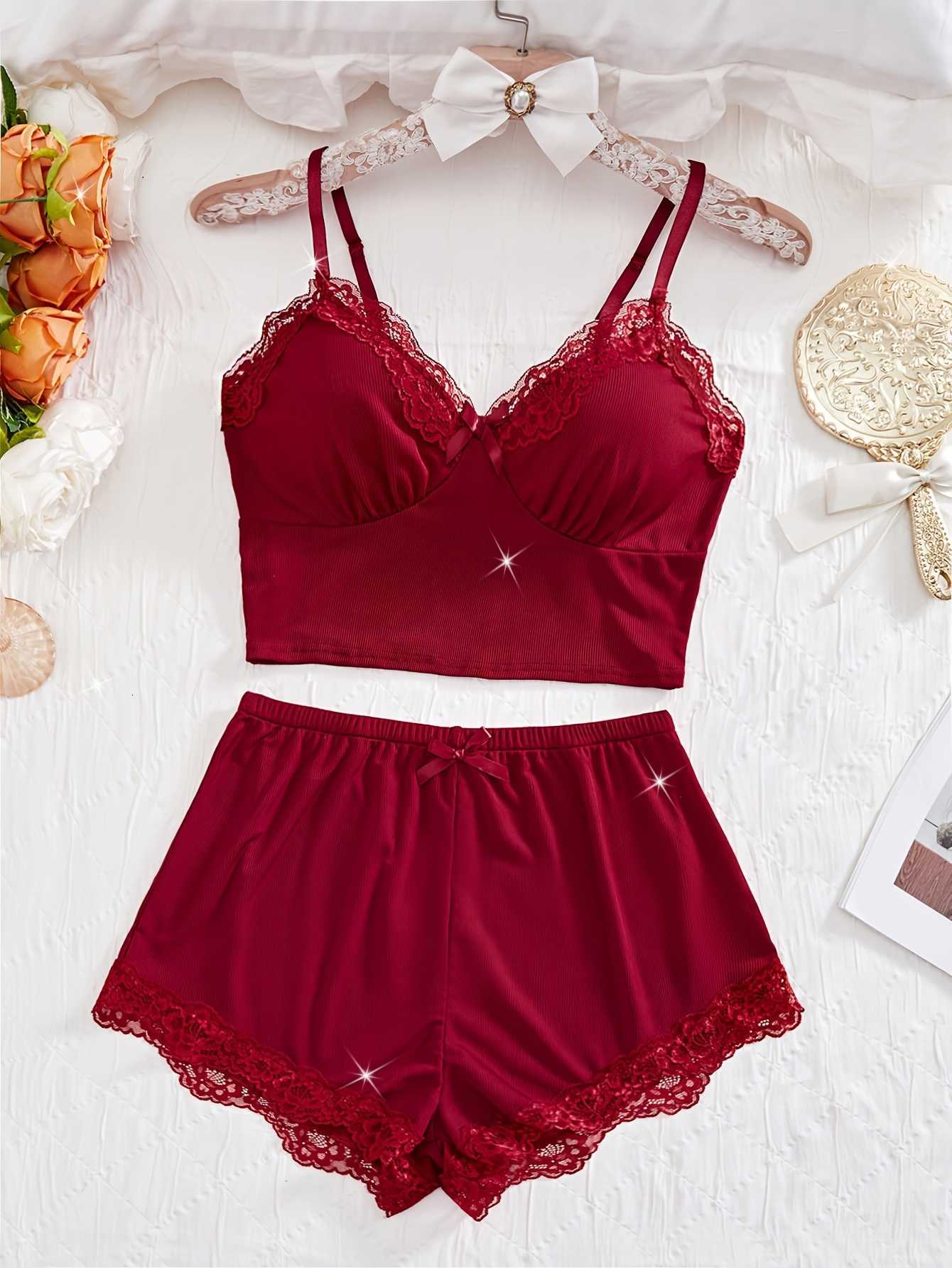 Pajama 2pcs Floral Contrast Lace Set for Women Sleepwear V Neck Solid Color Bow Top Shorts Home Clothes Loungewear M260625