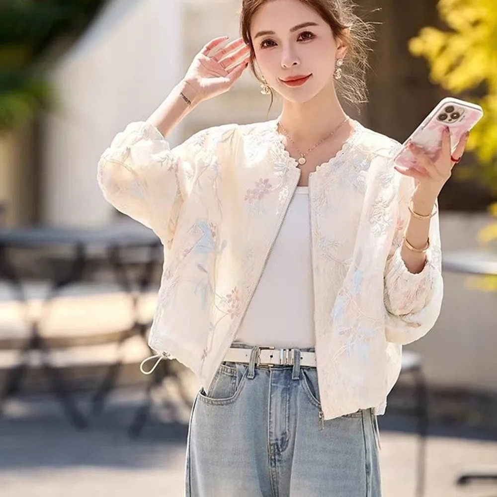 Summer Lace Embroidery Thin Jacket 2026 Women Elegant Sun Protective Clothing High Street Baseball Uniform Short 260624
