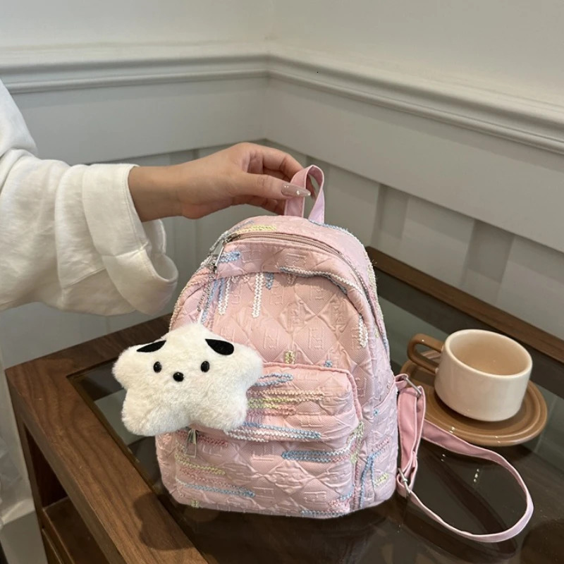 Lightweight Embroidered Mini Backpack with Colorful Stitching Detachable Cloud Plush Charm Small Casual Backpack for Sweet Girl 260624