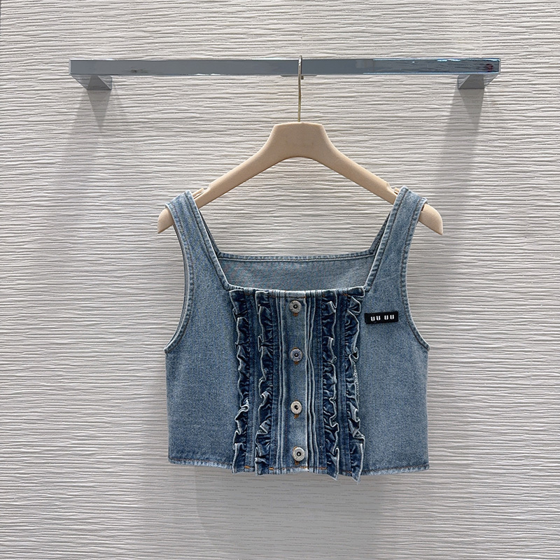 Women Retro Denim Tanks Lace Trim U Neck Wide Strap Ribbed Knit Vests Slim Fit Casual Camisoles for Women Street Vacation Wear