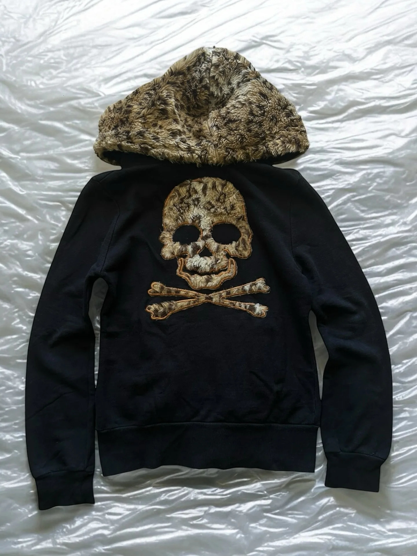 Y2k Gothic Punk Leopard Print Sportswear Men Women Hip Hop Skull Embroidered Raw Edge Hoodies Harajuku Retro Zipper Hoodies 260624