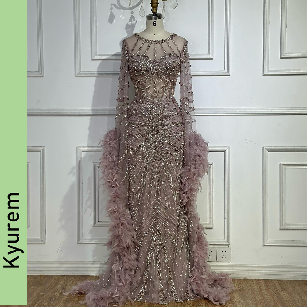 Beading Mermaid Evening Dress with Feather Cuffs for Formal Occasion Party Prom gowns Custom Made color/size Robe De Soiree
