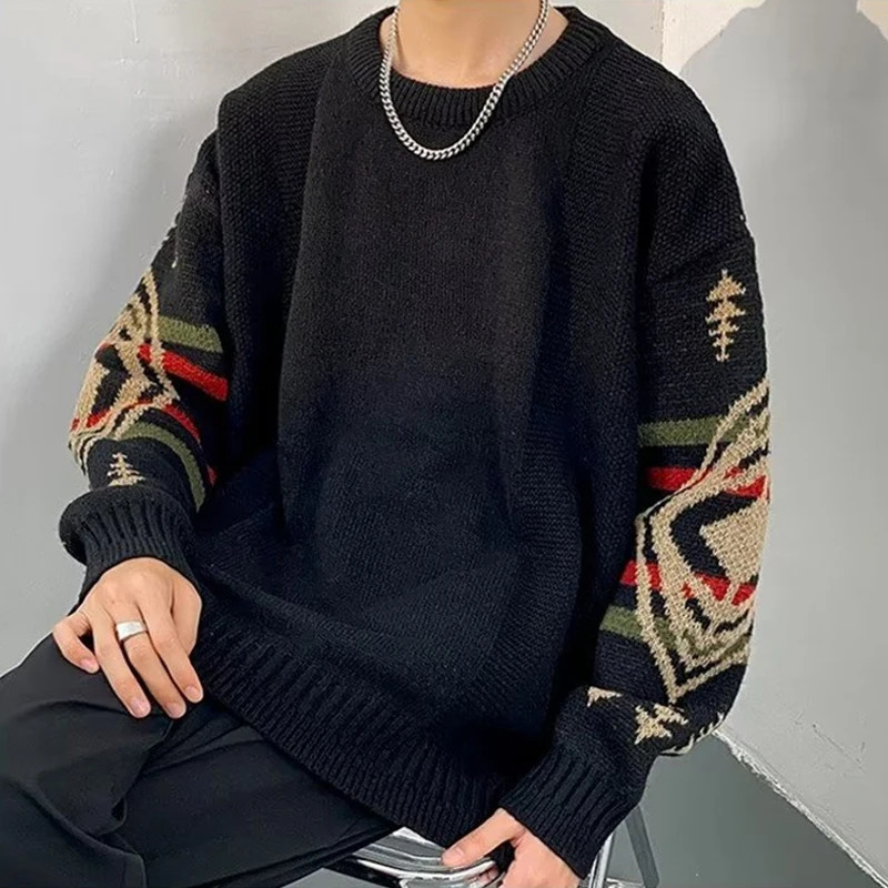 Autumn Mens Ethnic Style O-Neck Knitted Sweaters Y2K Vintage Streetwear Knitwear Casual Pattern Printed pull homme 260624