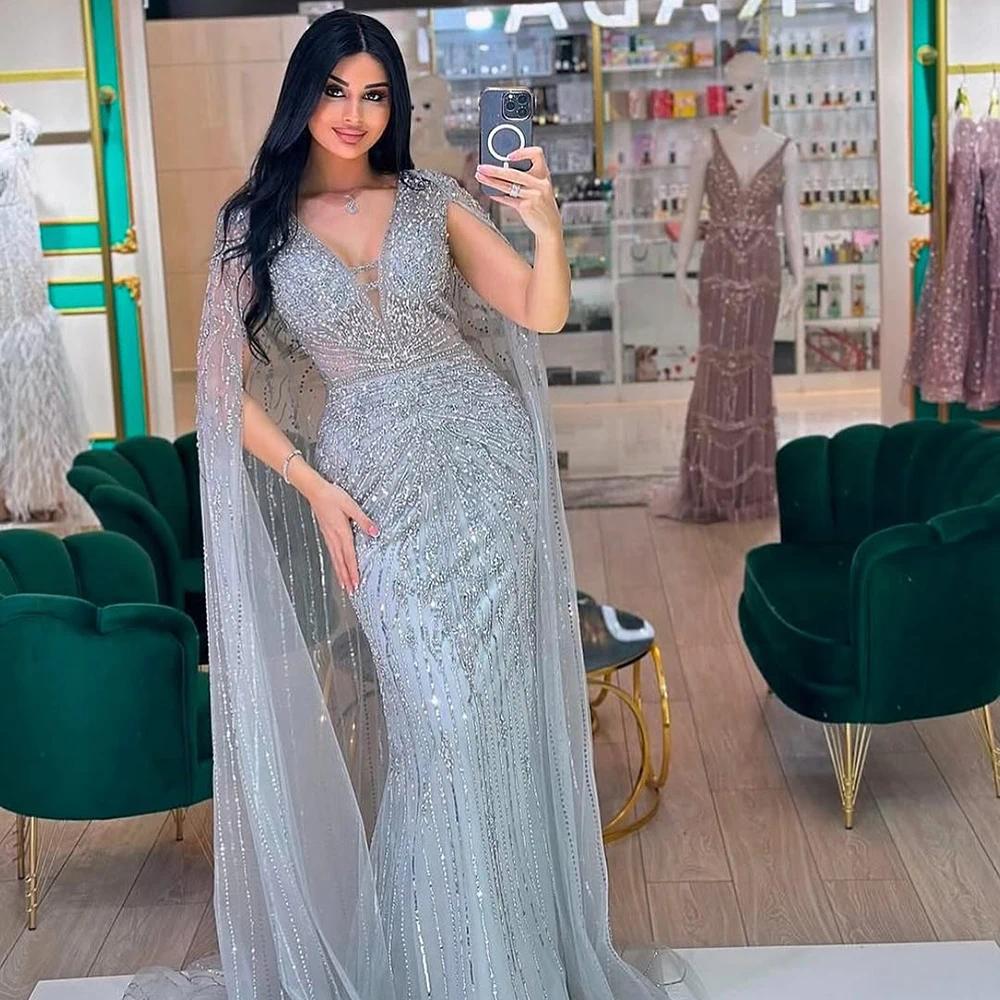 Serene Mermaid Cape Sleeves Beading Evening Dresses Luxury party prom gowns Custom Made color/size Robe De Soiree