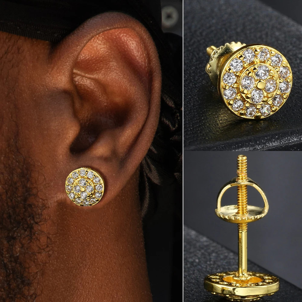 Hip Hop Mens Earring Shiny Round Micro Pave Zircon Shiny Hombre Gift For Men Stud Earring Gold Color Ear Jewelry Gifts 260624