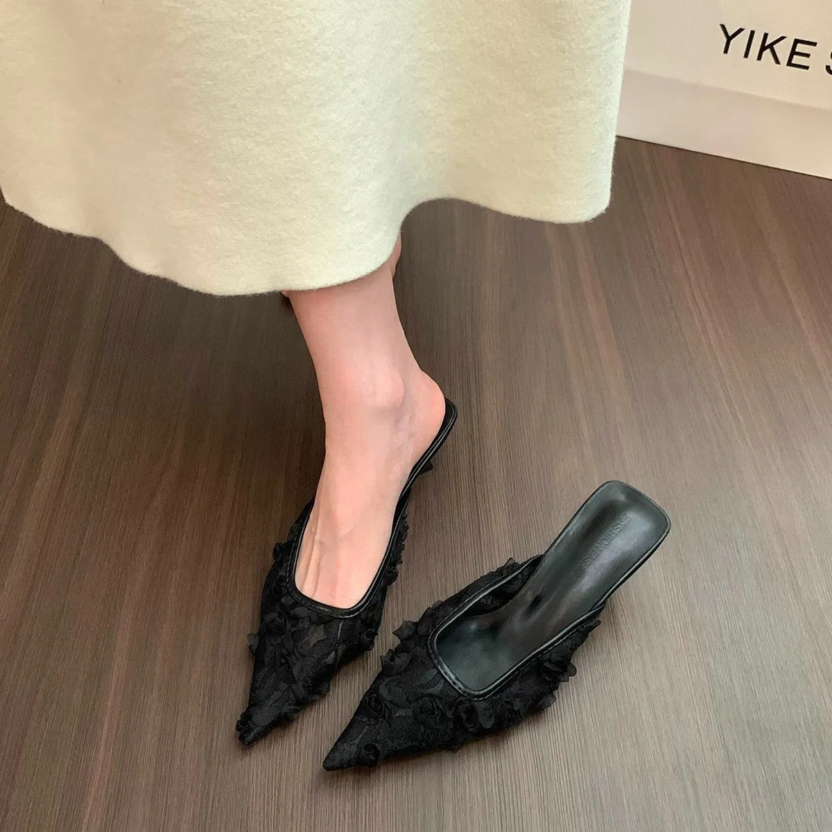 French-style Stunning Fairy Lace Pointed-toe Mules Slip-on Kitten Heel Open-back Summer Shoes for Women 260624