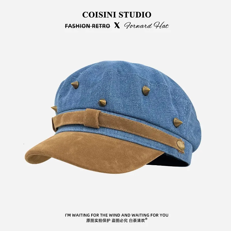Retro Fashion Contrast Color Denim Suede Beret Cap Spring and Autumn Rivets Personalized sboy Caps Women Painter Hat 260624