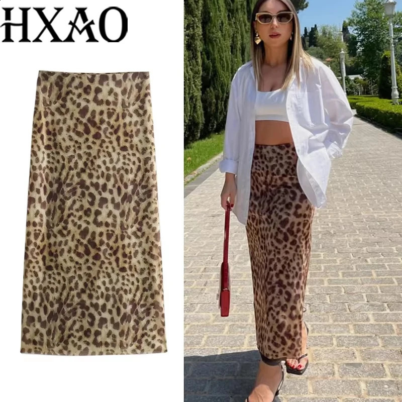 HXAO Tulle Leopard Skirts For Women Vintage Summer Long Skirt Woman Print Elegant Womens Skirts High Waist Sexy Skirts 088 260625