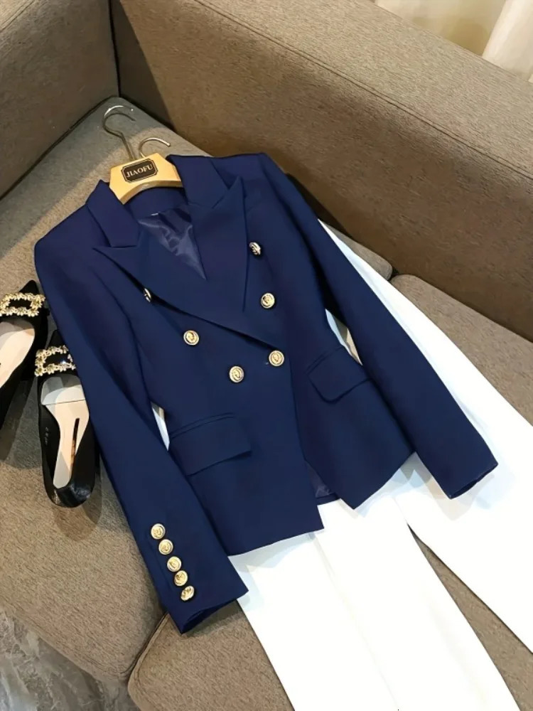 Yeezzi Womens Navy Blue Double Breasted Long Sleeves Blazer Elegant Gold Button Suit Jacket Formal Office Business Outerwears 260622