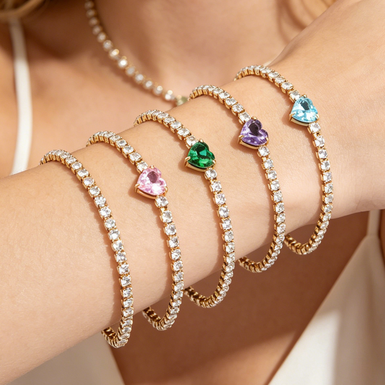 3MM New Bling Cubic Zirconia Heart Charm Tennis Chain Bracelet 18k Gold Plate Stainless Steel Versatile Length Adjustable Bracelet Valentine Jewelry