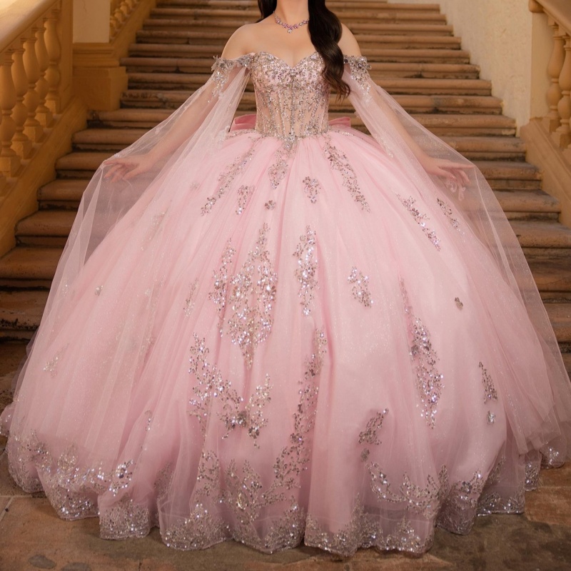 Rosa Abiti Quinceanera Abito da ballo Dolce 16 Abito Applicazioni argentate Decalcomania Fiocco Cristalli Abito da festa per il quindicesimo complea