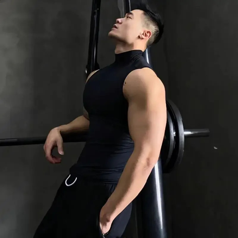 Muscular man fitness training suit brother solid color sports sleeveless T-shirt high-neck elastic quick-drying vest 260625