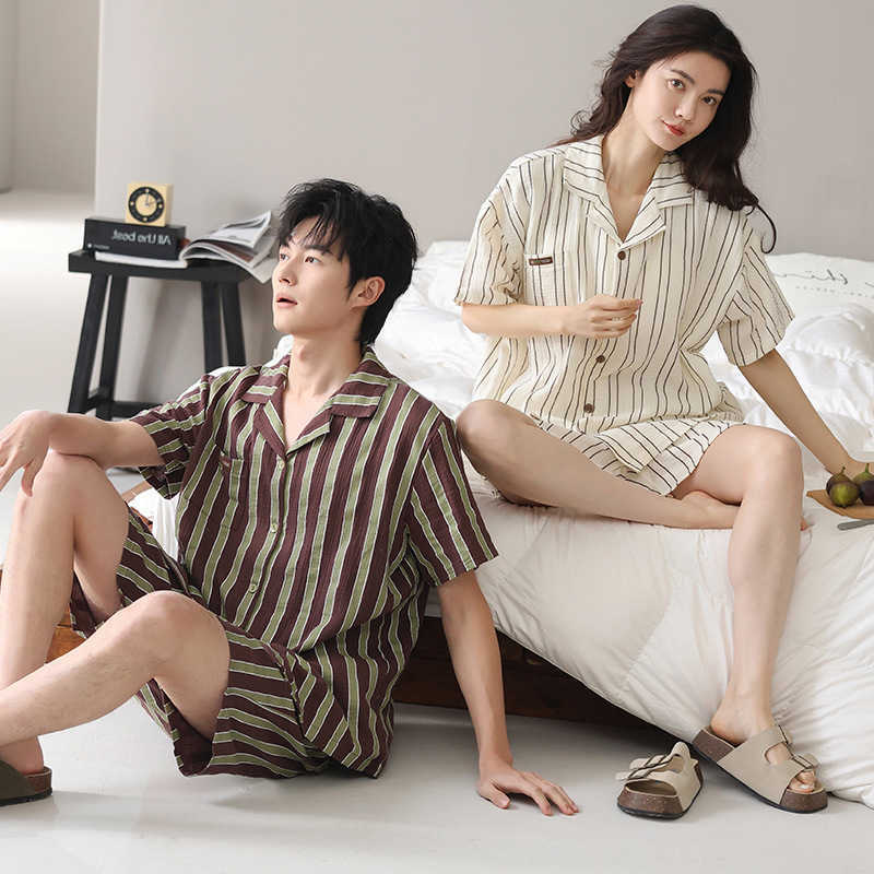 Couple Pajamas Set Womens New Short Sleeve Cotton Casual Home Clothes Thin Summer Loungewear For Men And Women Cardigan Pjs M260625