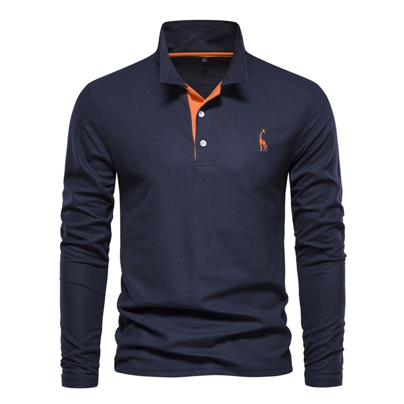 AIOPESON Mens Deer Embroidery Polo Shirts Solid Color Long Sleeve Social Business Male 260624BJ