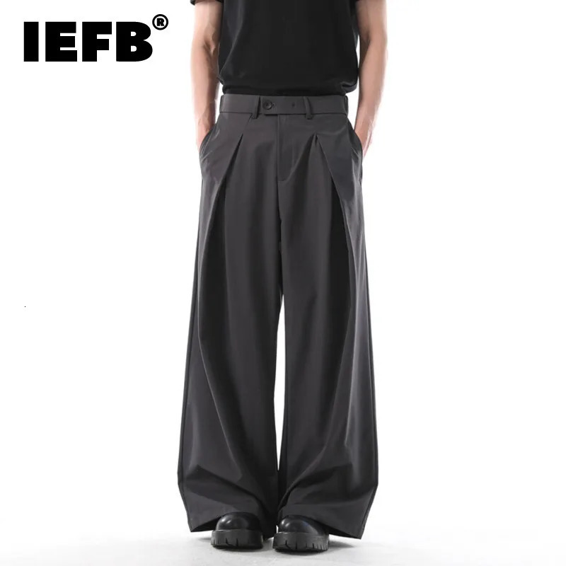 IEFB Korean Style Mens Suit Pants Solid Color Pleated Wide Leg Menswear Straight-leg Cleanfit Male Bottom Summer 9W3884 260624