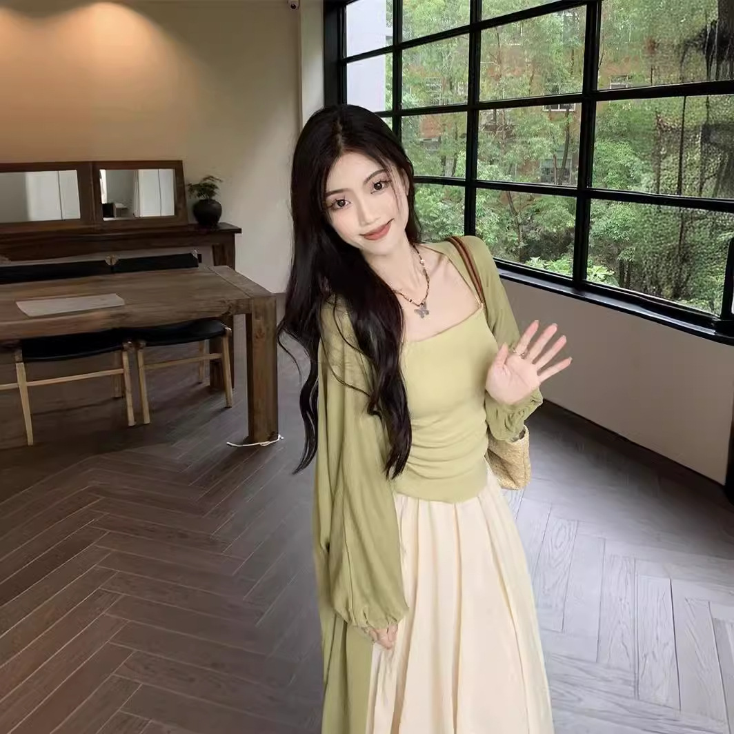 Q0454 suit women's new Chinese style lazy style top, thin big swing skirt, sunscreen cardigan three-piece set women's summer new