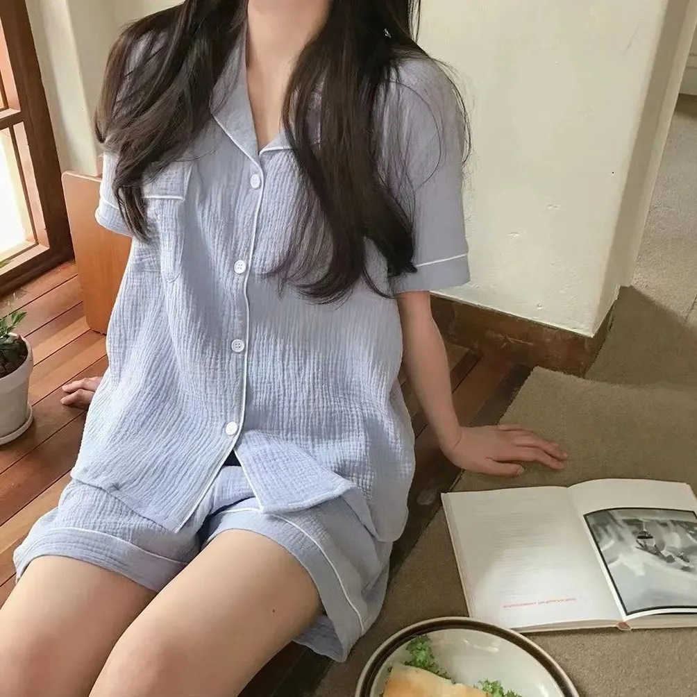 Short-Sleeve Pajamas Womens and Summer Shorts Sweet and Simple Solid Color Collared Cardigan Loose Fit Casual Home Wear M260625
