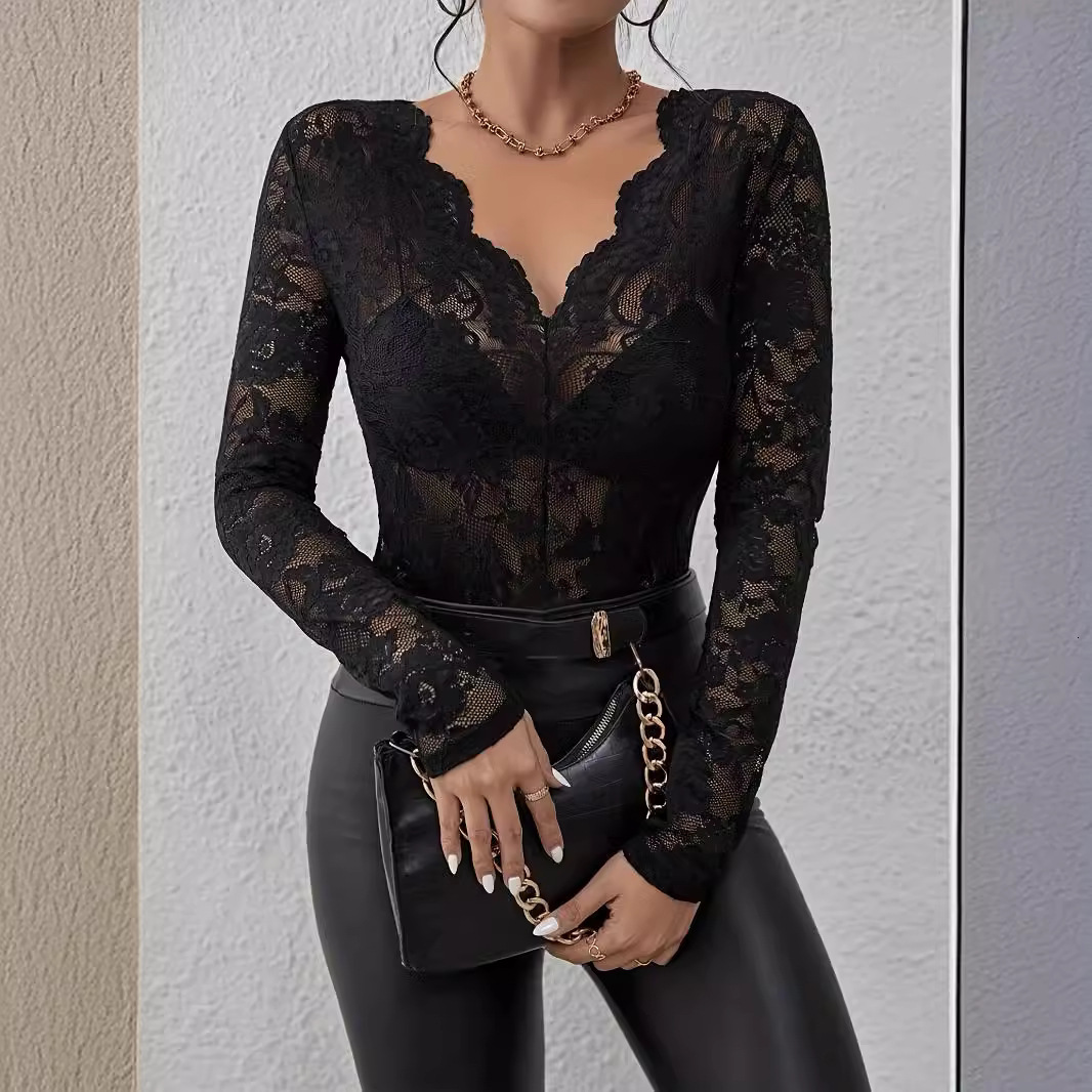 Primavera e autunno nuova camicia base decorativa a forma di ventaglio in pizzo floreale monostrato sexy per donna MAKOUFEI