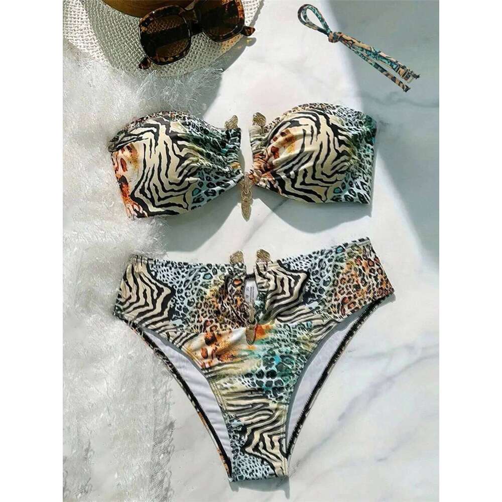 S - XL Bather Bathing Suit Swim Sexy Leopard Printed Bandeau Female Swimsuit Women Swimwear Two-pieces Bikini set V7541 26Y0625