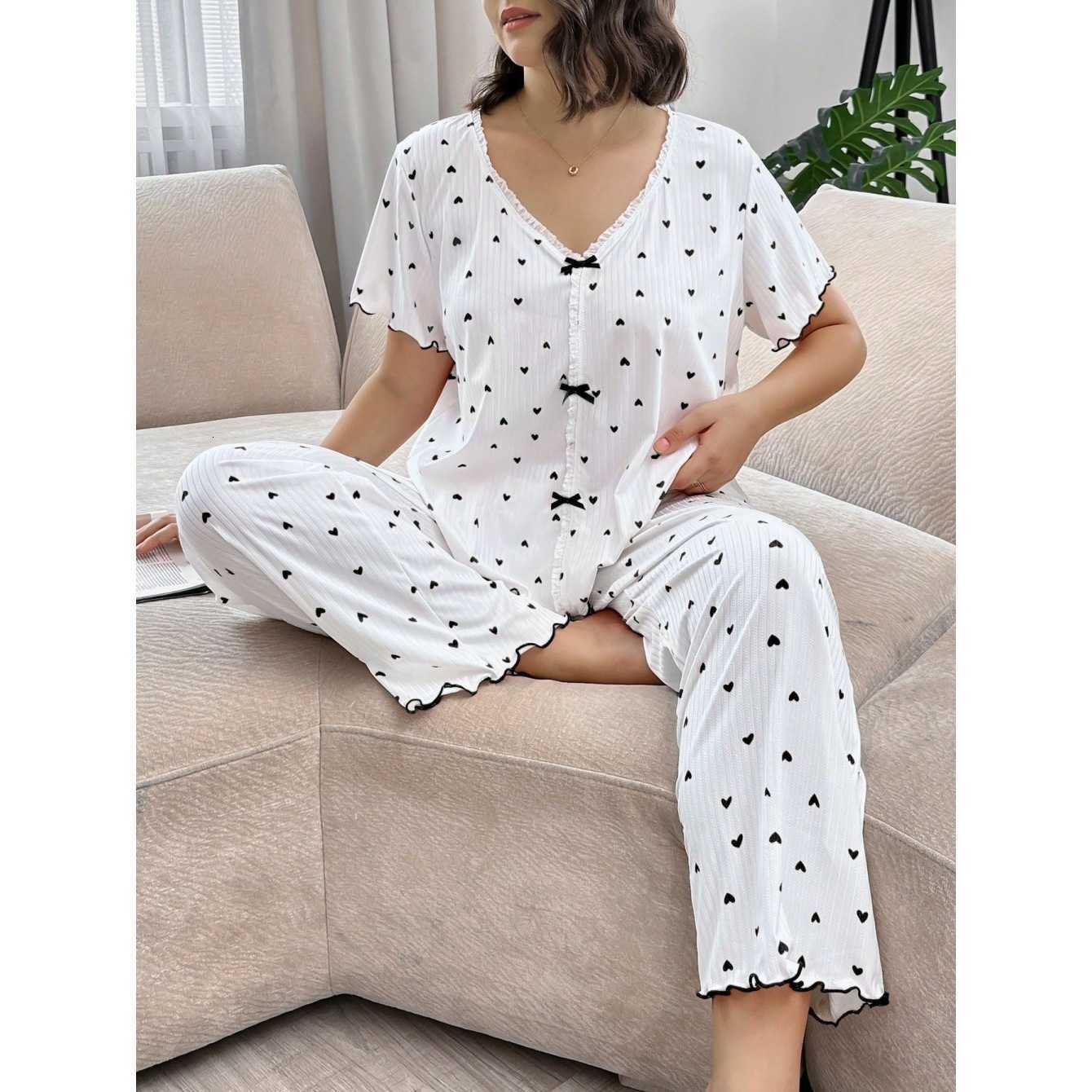 Pajamas Plus-Size Womens Loose American-Style Comfortable Breathable Homewear Heart Print Short Sleeves and Long Pants M260625