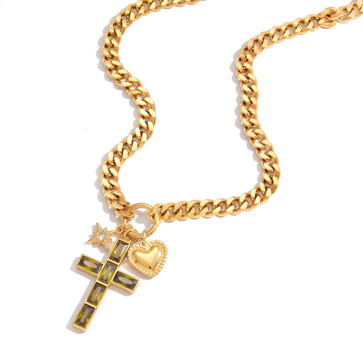 Youthway Classic Heart Zircon Star Cross Pendant Necklace For Women 18K Gold Plated Stainless Steel Necklace Fashion Jewelry260623