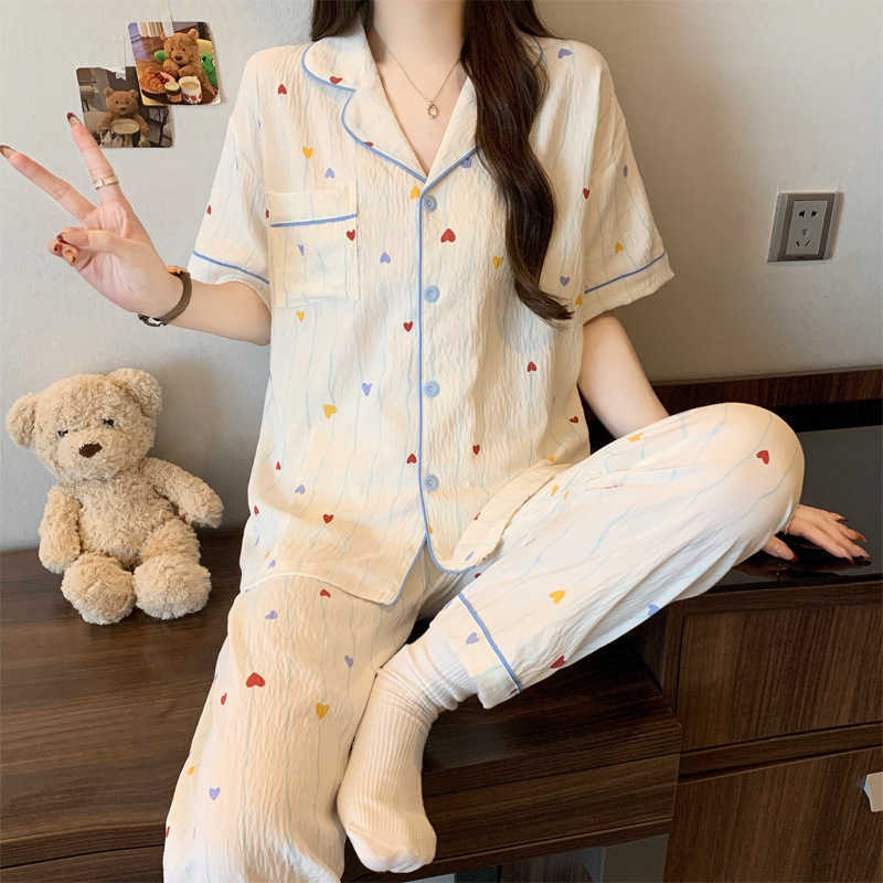 Korean-Style Casual Cloud Cotton Summer Womens Plus-Size Pajamas Girls Short-Sleeve and Long Pants Ins-Style Loungewear M260625
