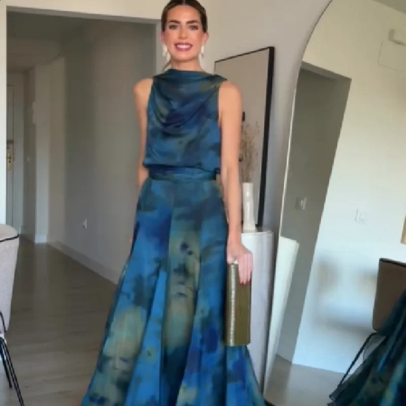 Womens Elegant Blue Watercolor Print Maxi Dress Sleeveless Cowl Neck Satin Formal Evening Gown A-line Floor Length Party Dress 260625