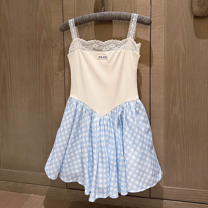 Designer Sexy Dress Women Brand Lace Plaid Youthful Dress Summer Girlish Travel Vacation Slip Dress