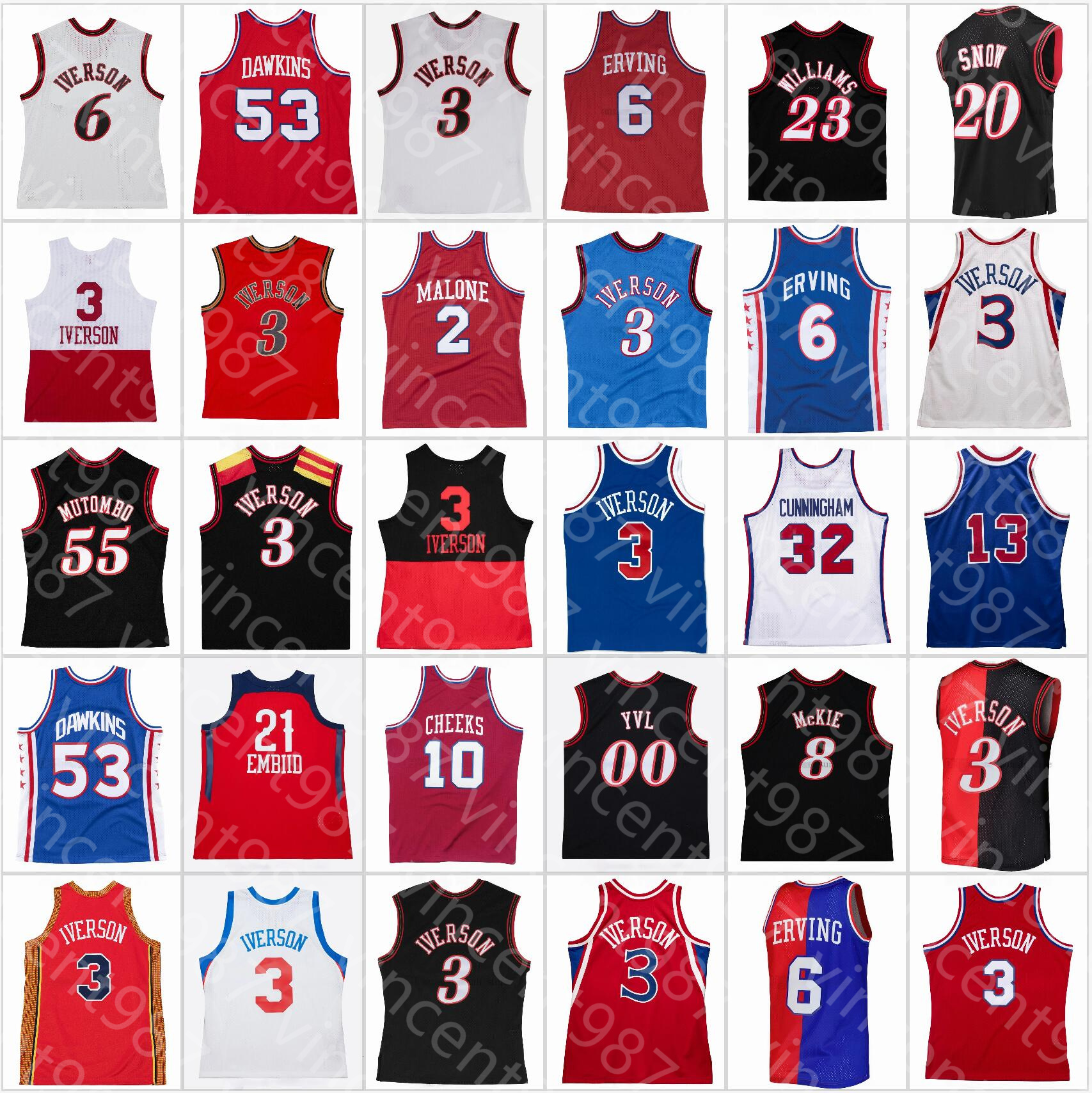 Stitched Retro Basketball Jersey 3 Iverson Julius 6 Erving Darryl 53 Dawkins Moses 2 Malone Aaron 8 Mckie Eric 20 Snow Lou 23 Williams Dikembe 55 Mu